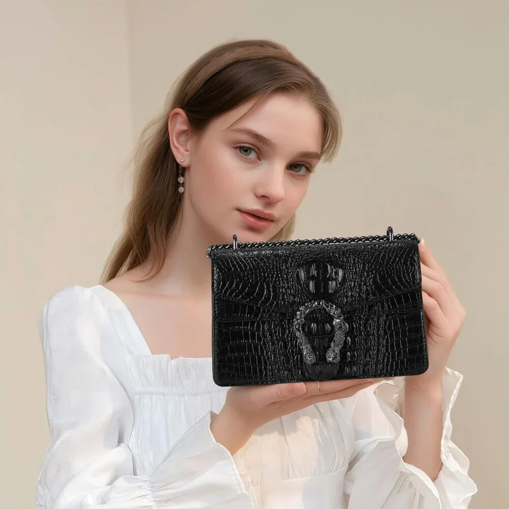 ⚡ Women's Crocodile Black Snake Leather Print Casual Satchel Crossbody Handbag